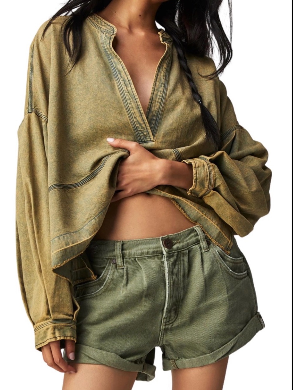 Free People Washed Olive V-Neck Oversized Sweatshirt (sold out everywhere)